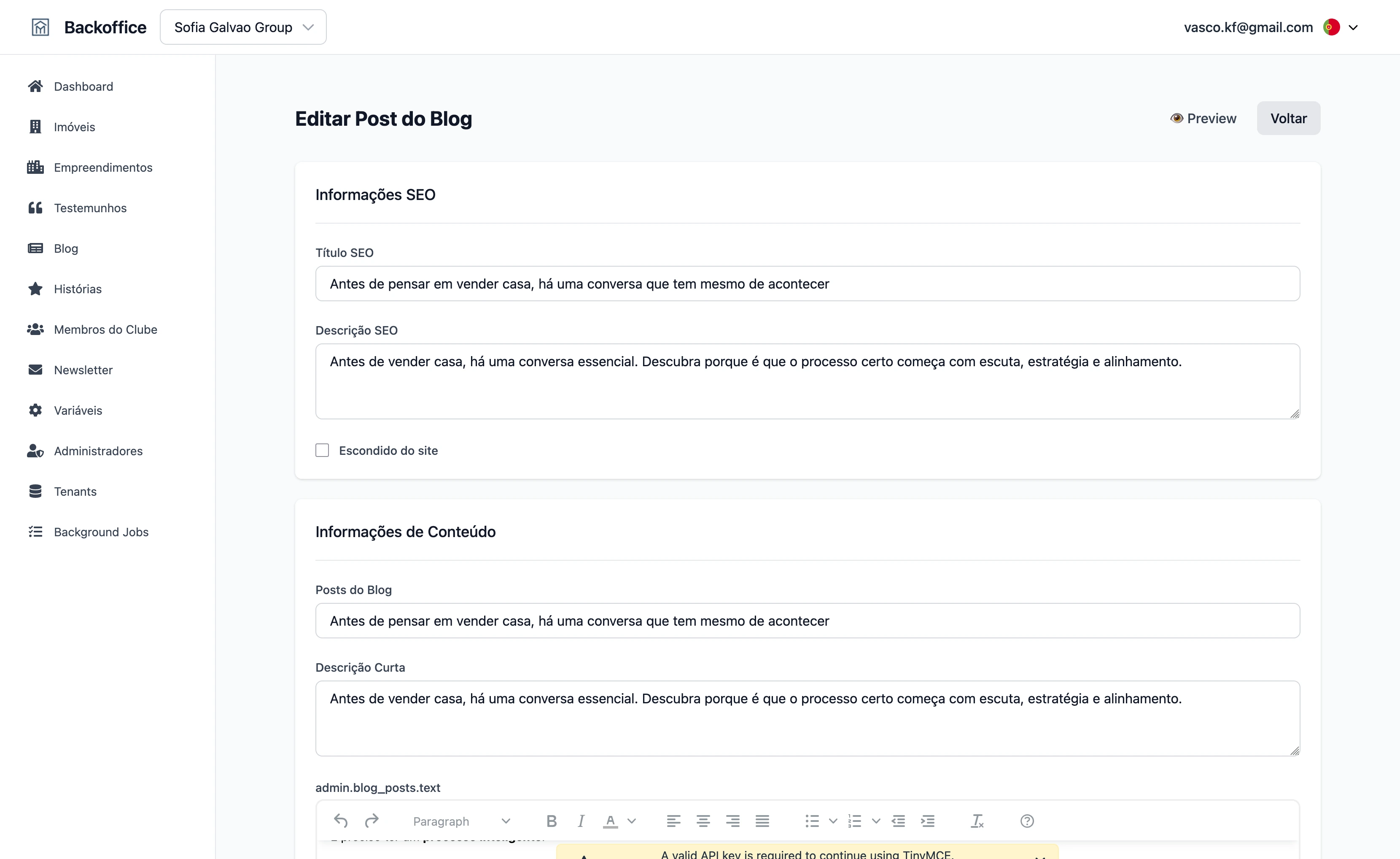 MyAgentWebsite Blog Editor Interface